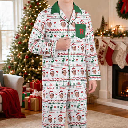 Man wearing custom face photo and name monogram pocket Fair Isle Christmas pajamas by the tree