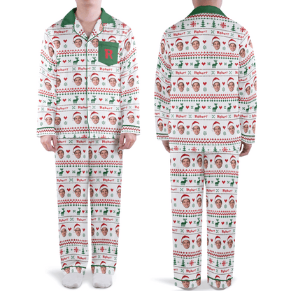 Custom face photo and name monogram pocket Fair Isle men Christmas pajamas set, front and back