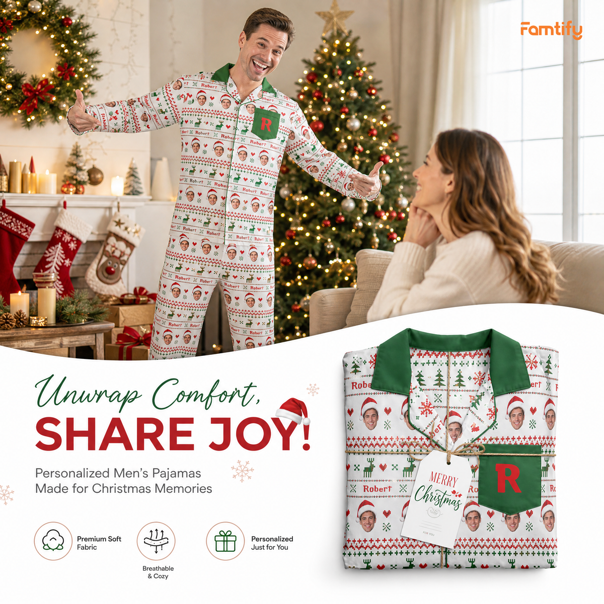 Custom face photo and name monogram pocket Fair Isle men pajamas view 3