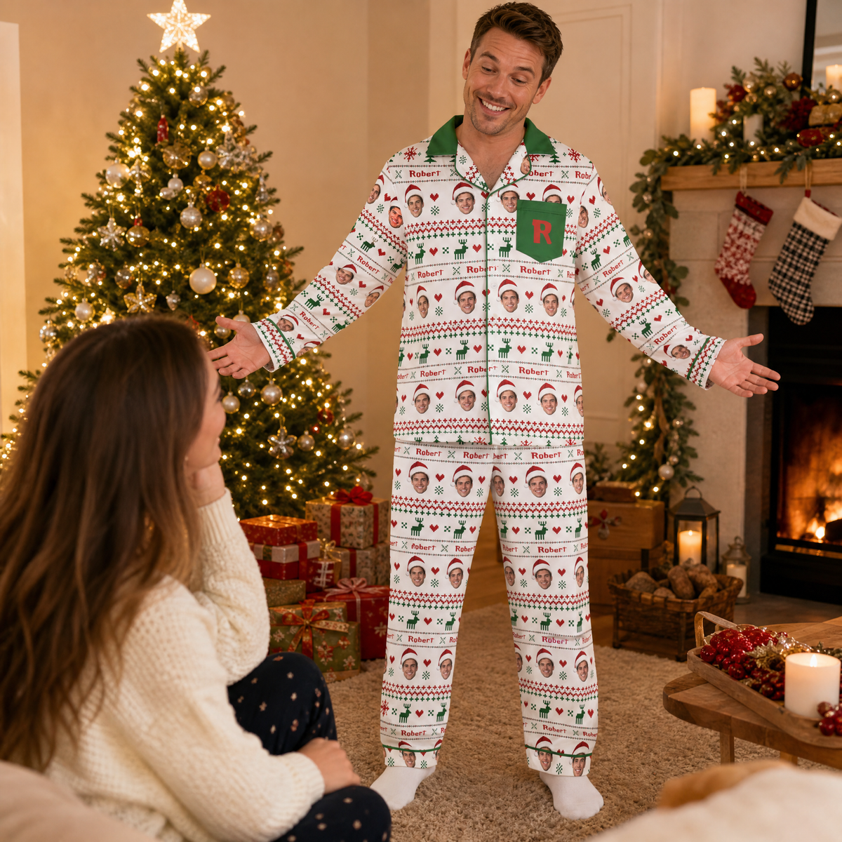 Custom face photo and name monogram pocket Fair Isle men pajamas view 6