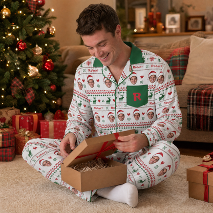 Custom face photo and name monogram pocket Fair Isle men pajamas view 7