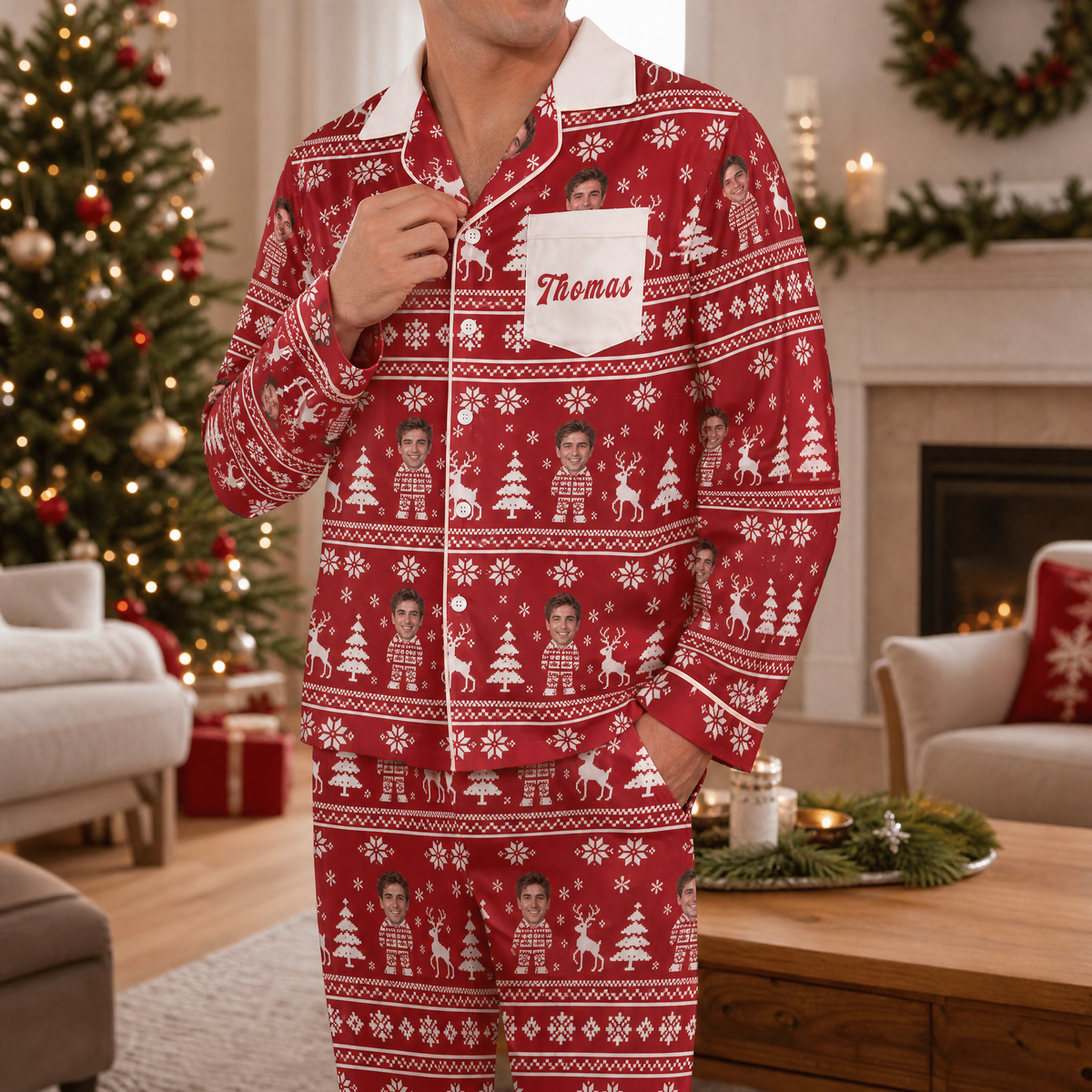 Man wearing custom face photo and name Nordic knit mini me pocket Christmas pajamas by the tree