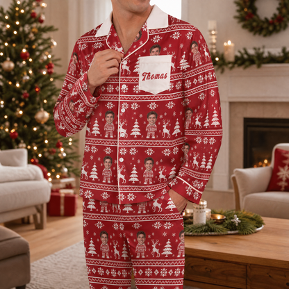 Man wearing custom face photo and name Nordic knit mini me pocket Christmas pajamas by the tree