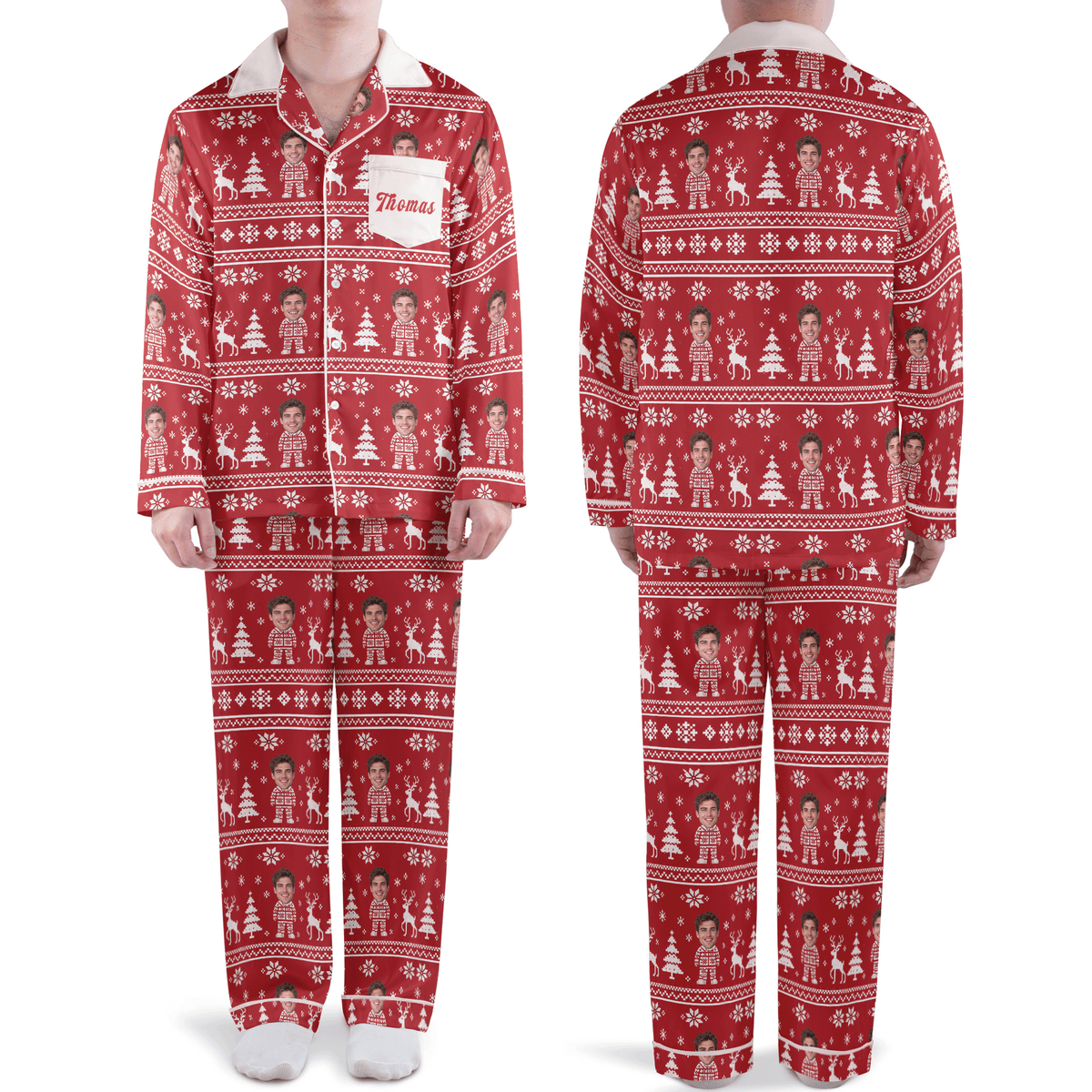 Custom face photo and name Nordic knit mini me pocket men Christmas pajamas set, front and back
