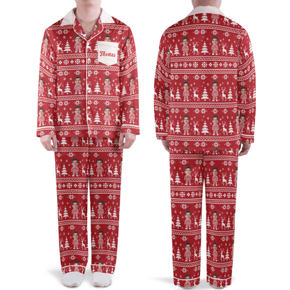 Custom face photo and name Nordic knit mini me pocket men Christmas pajamas set, front and back