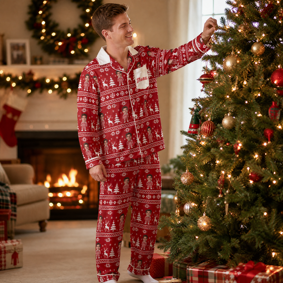 Custom face photo and name Nordic knit mini me pocket men pajamas view 5