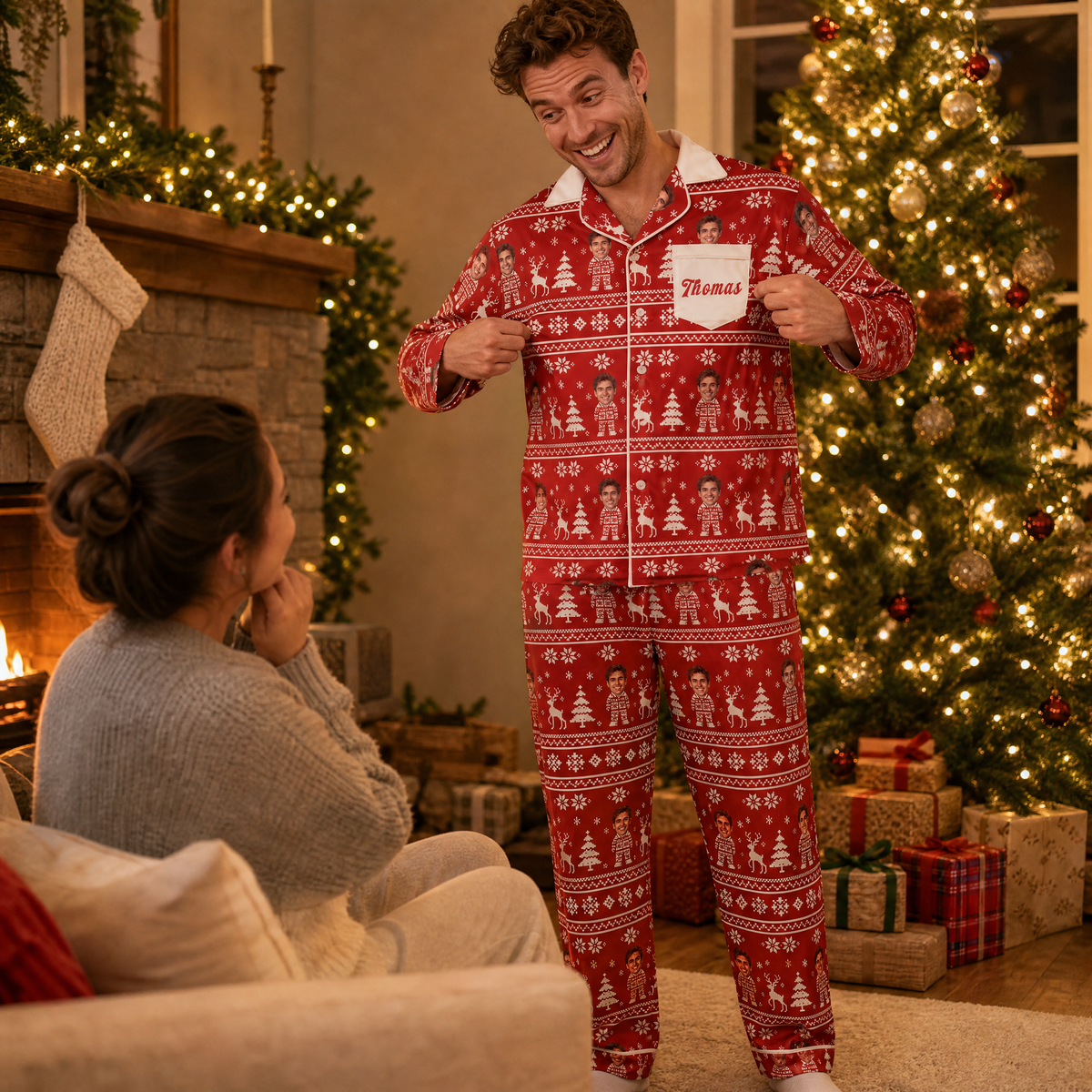 Custom face photo and name Nordic knit mini me pocket men pajamas view 6