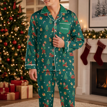 Man wearing custom face photo and name cozy mini me gifts trees Christmas pajamas by the tree