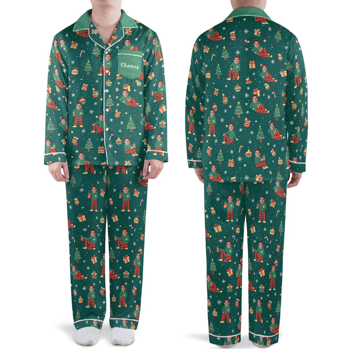 Custom face photo and name cozy mini me gifts trees men Christmas pajamas set, front and back