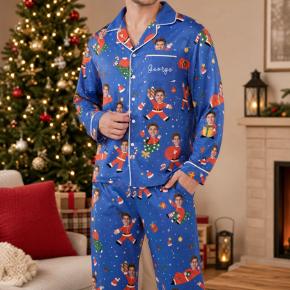 Man wearing custom face photo and name dancing Santa suit body Christmas pajamas by the tree
