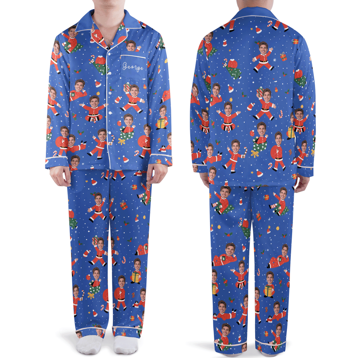 Custom face photo and name dancing Santa suit body men Christmas pajamas set, front and back