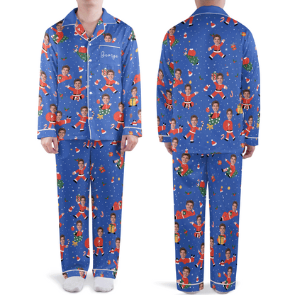 Custom face photo and name dancing Santa suit body men Christmas pajamas set, front and back
