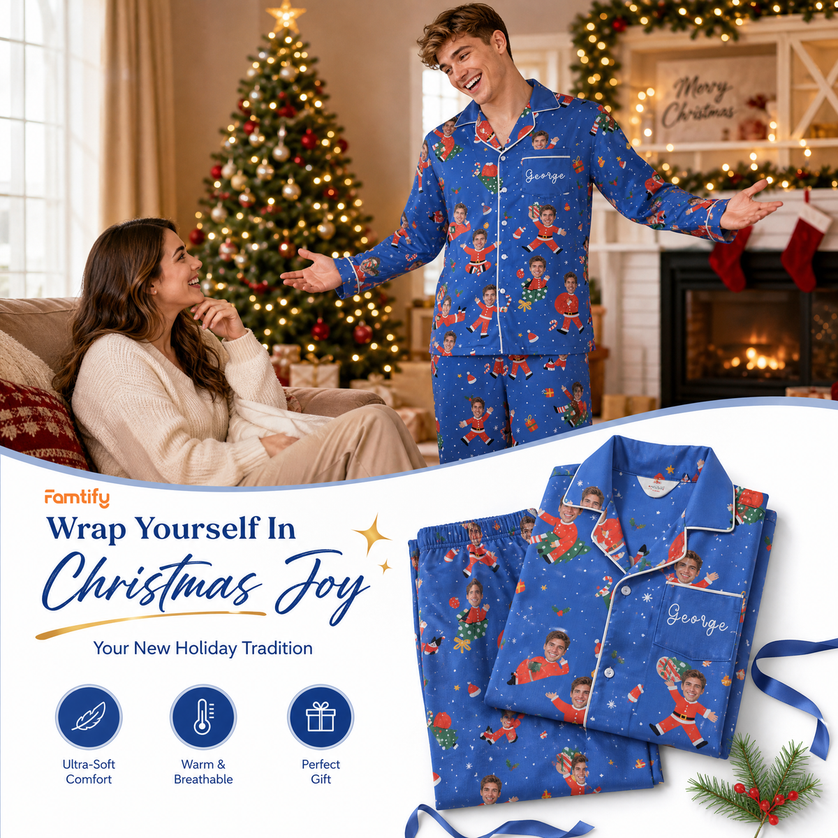 Custom face photo and name dancing Santa suit body men pajamas view 3