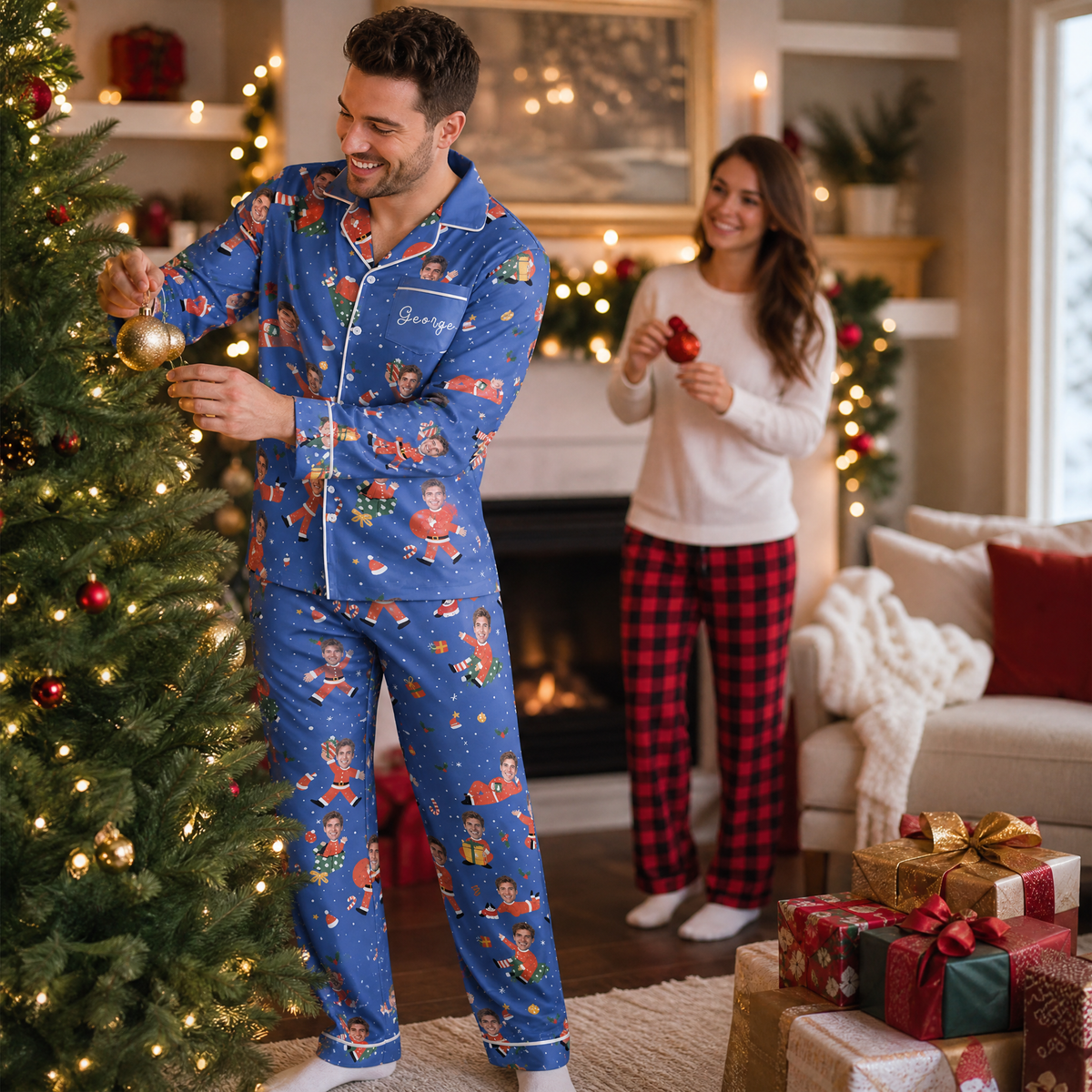 Custom face photo and name dancing Santa suit body men pajamas view 5
