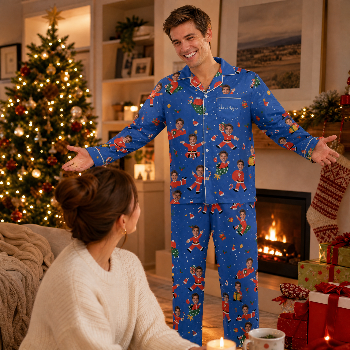 Custom face photo and name dancing Santa suit body men pajamas view 6