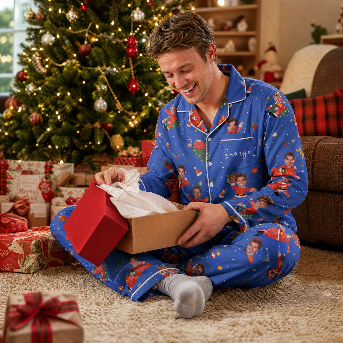 Custom face photo and name dancing Santa suit body men pajamas view 7