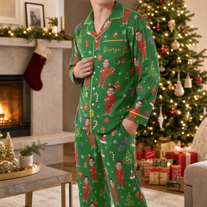 Man wearing custom face photo and name mini me matching pajamas Christmas pajamas by the tree