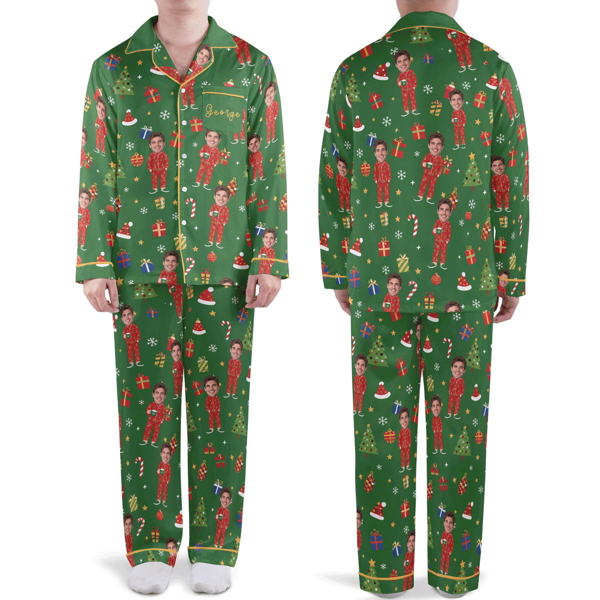 Custom face photo and name mini me matching pajamas men Christmas pajamas set, front and back