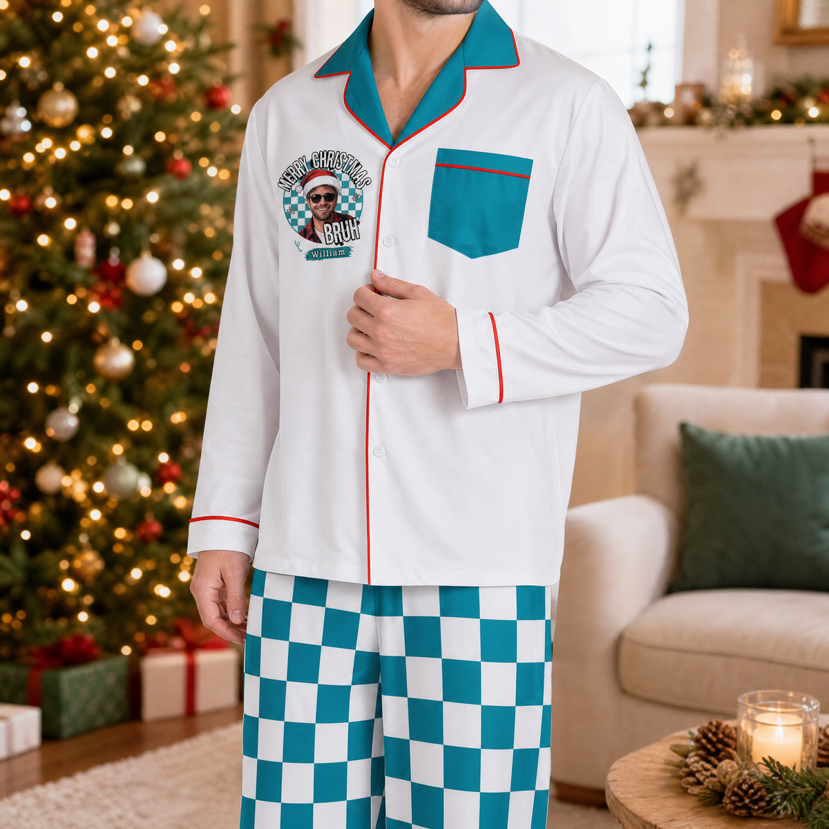 Man wearing custom face photo and name bruh badge checkered Christmas pajamas by the tree