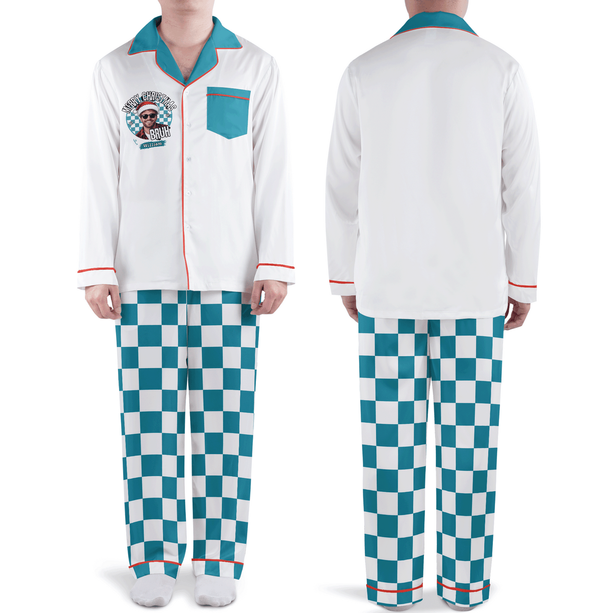 Custom face photo and name bruh badge checkered men Christmas pajamas set, front and back