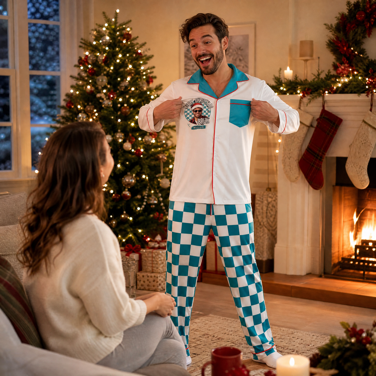 Custom face photo and name bruh badge checkered men pajamas view 6