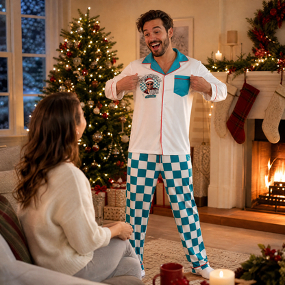 Custom face photo and name bruh badge checkered men pajamas view 6