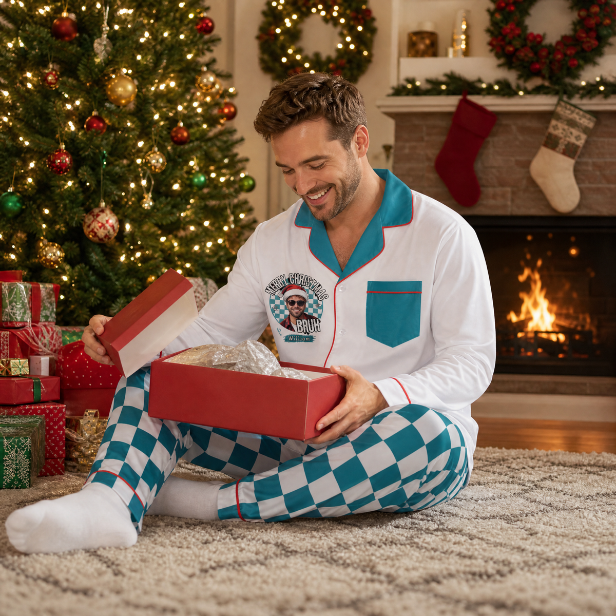Custom face photo and name bruh badge checkered men pajamas view 7