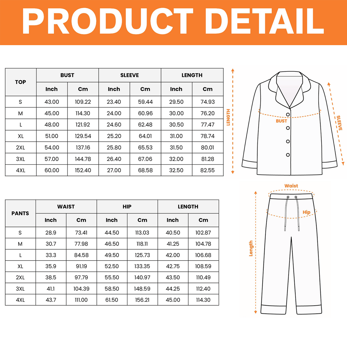 Men pajama set size chart from S to 4XL for shirt and pants