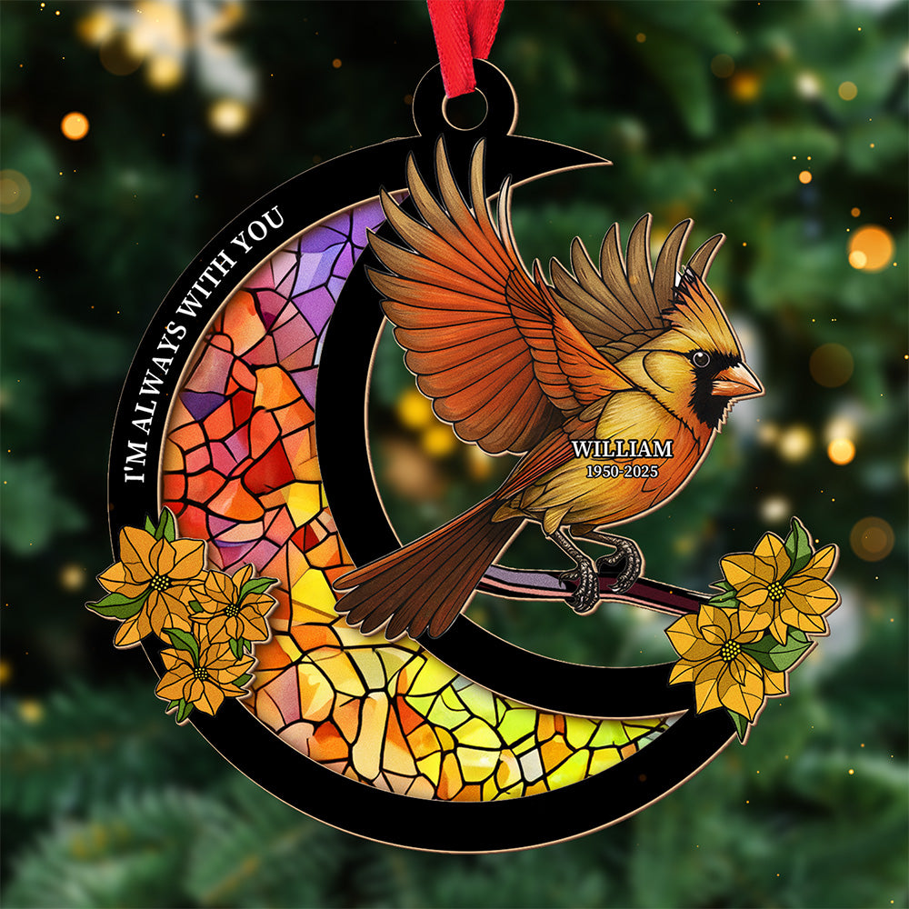Cardinal Stained Glass Moon Design – Custom Wood and Acrylic Ornament for Memorial Gift