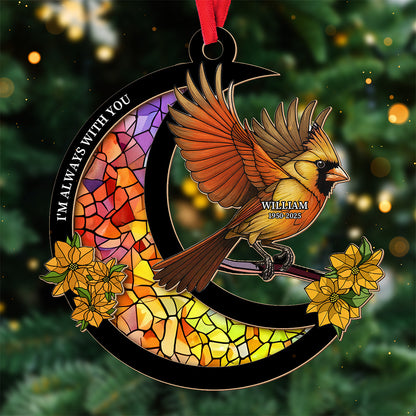 Cardinal Stained Glass Moon Design – Custom Wood and Acrylic Ornament for Memorial Gift