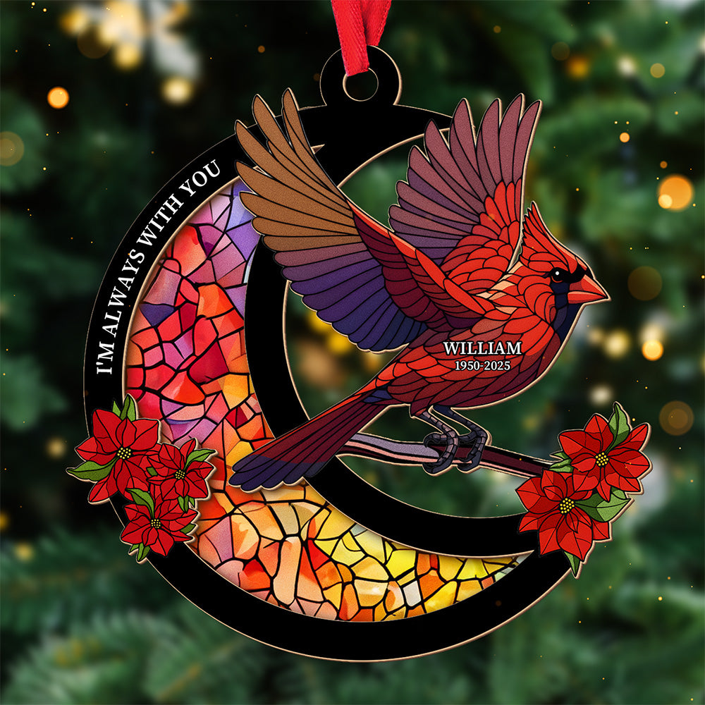 Cardinal Stained Glass Moon Design – Custom Wood and Acrylic Ornament for Memorial Gift