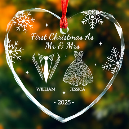 Custom Glass Heart Shape Ornament – Our First Christmas as Mr and Mrs