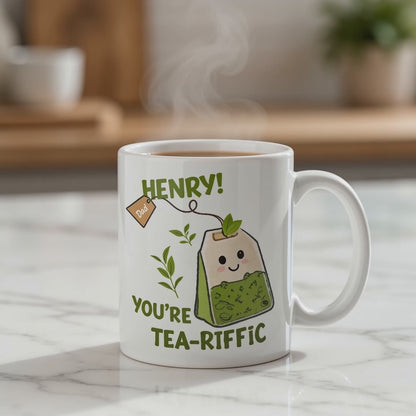 Personalized Tea-riffic Mug for Dad – Custom Name Ceramic Mug, Funny Gift for Father, Birthday Gift Idea