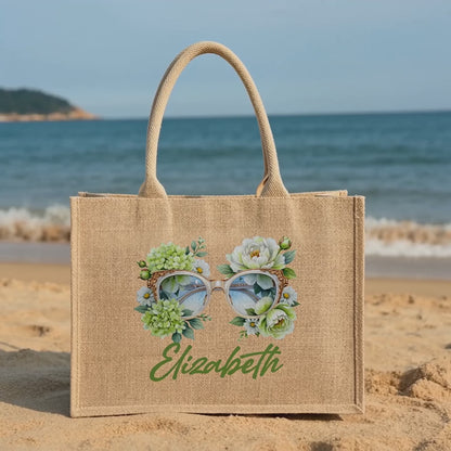 Personalized Sunglass Floral Linen Tote – Custom Name Bag