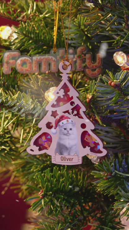 Cat and Christmas Tree - Custom Wood and Hologram Ornament for Cat Lovers Christmas Gift