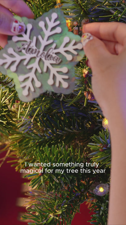 Personalized Snowflake Ornament - Layered Wood & Hologram Acrylic Christmas Tree Decor