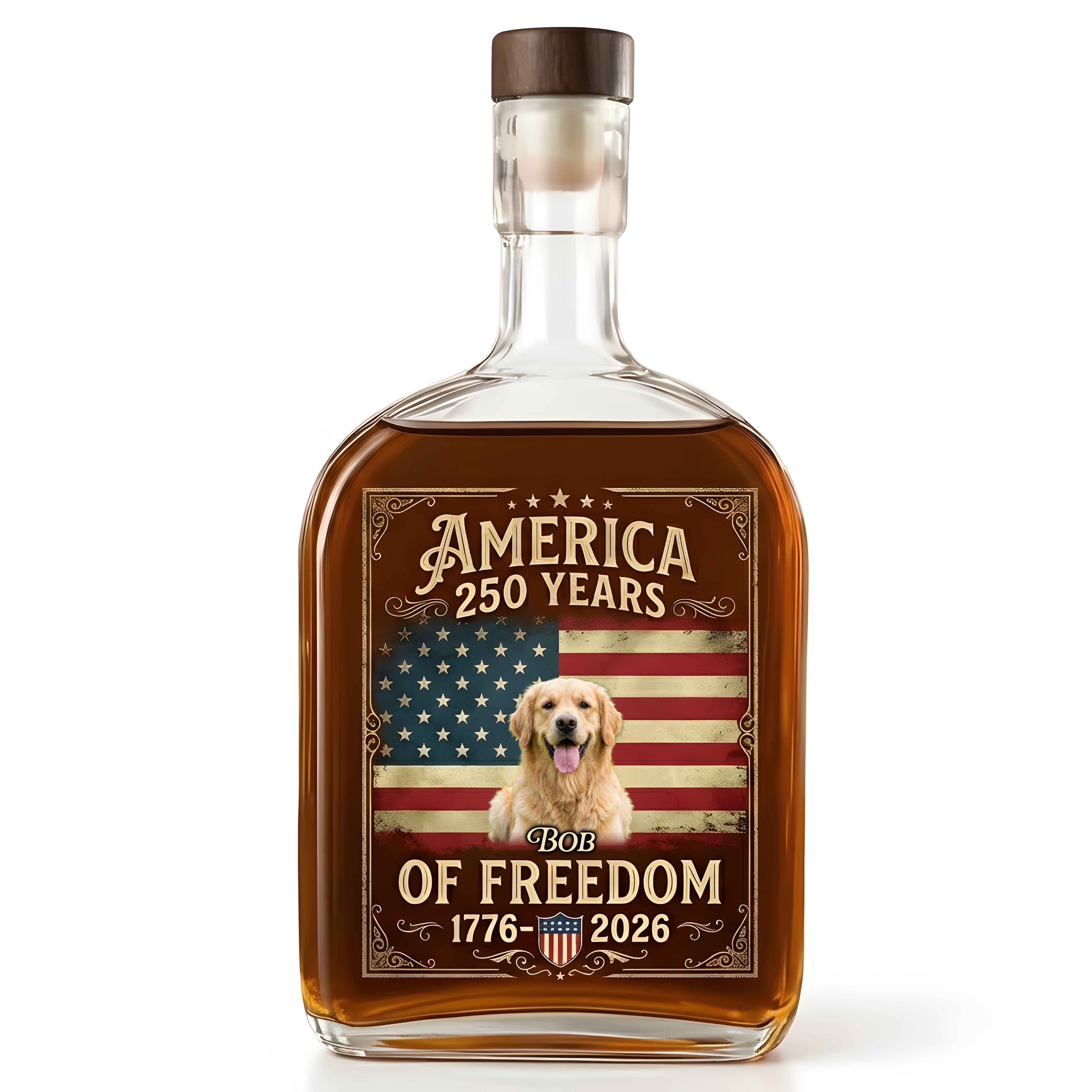 Custom Dog Photo Celebrate 250 Years of America Whiskey Bottle