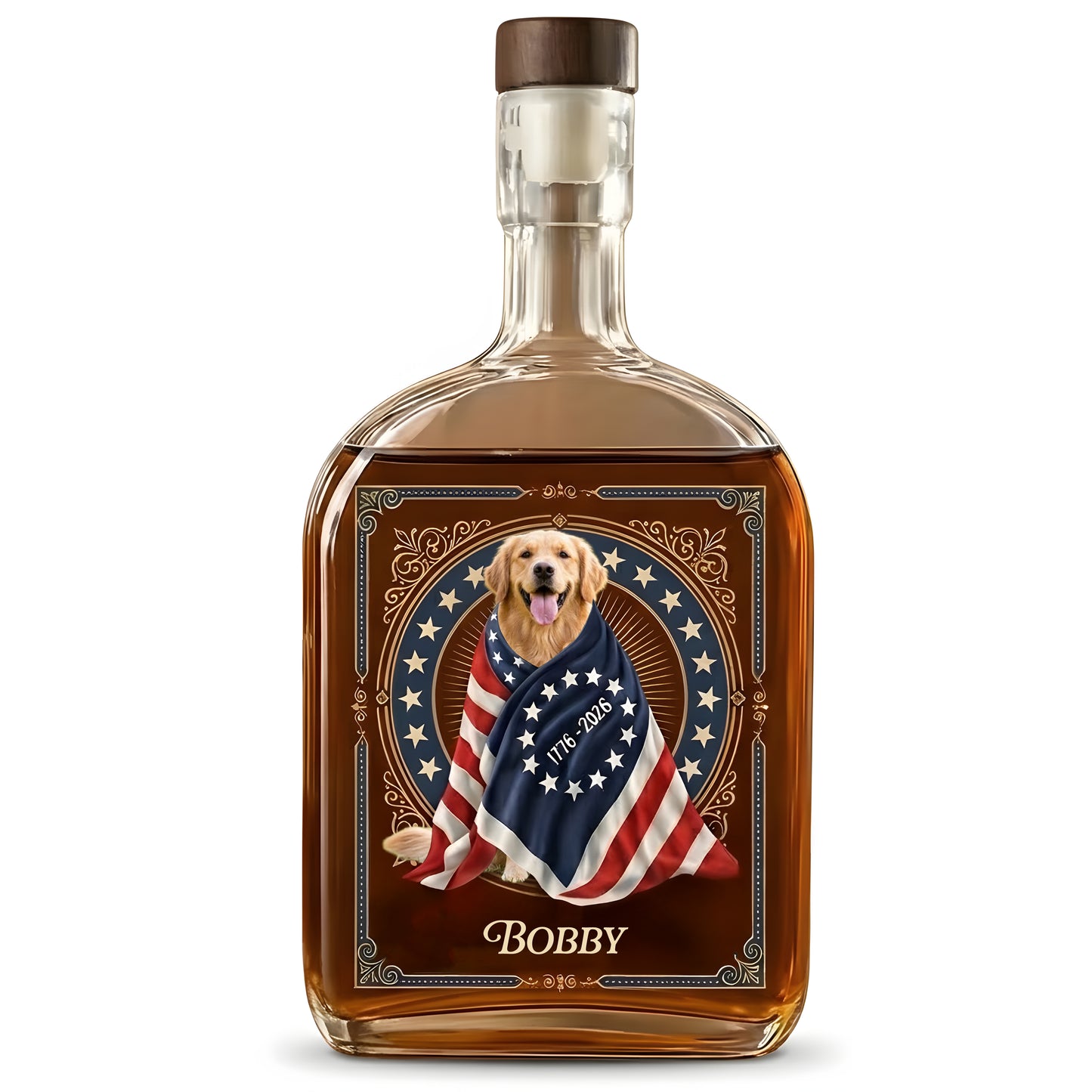 Custom Photo Dog Cat With America 250 Whiskey Bottle