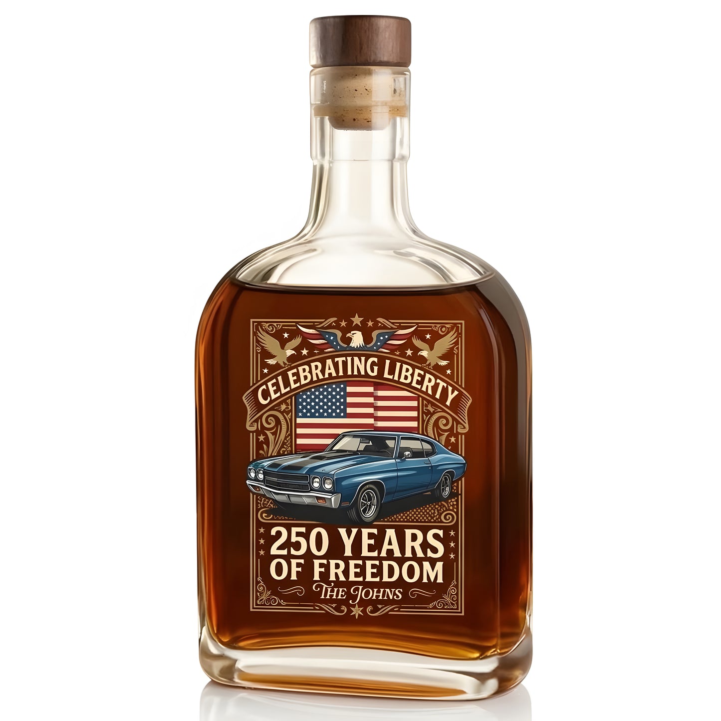 Custom Car Photo I Ride for America 250 Whiskey Bottle
