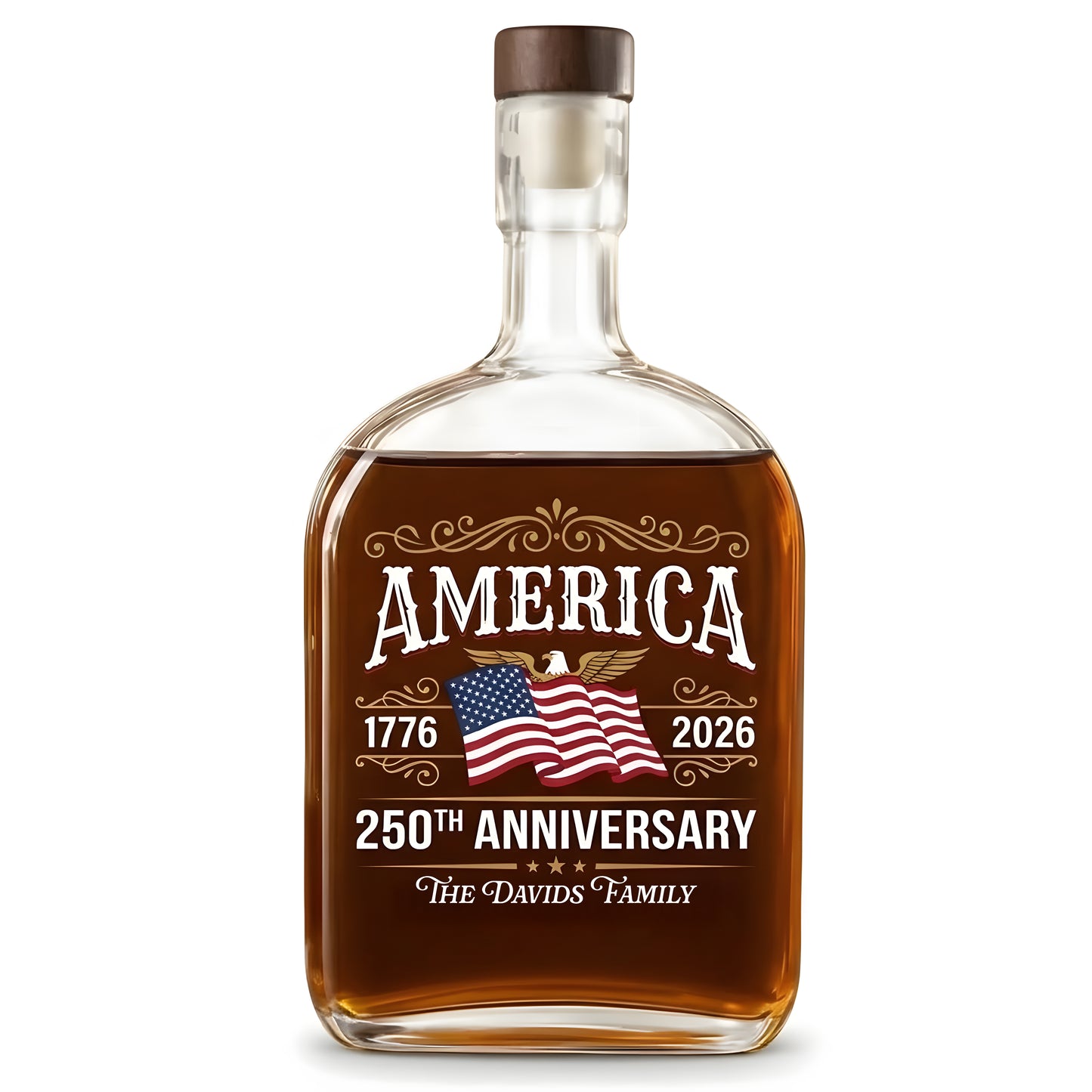 Custom Family Name America 250th Anniversary 1776-2026 United States of America Whiskey Bottle