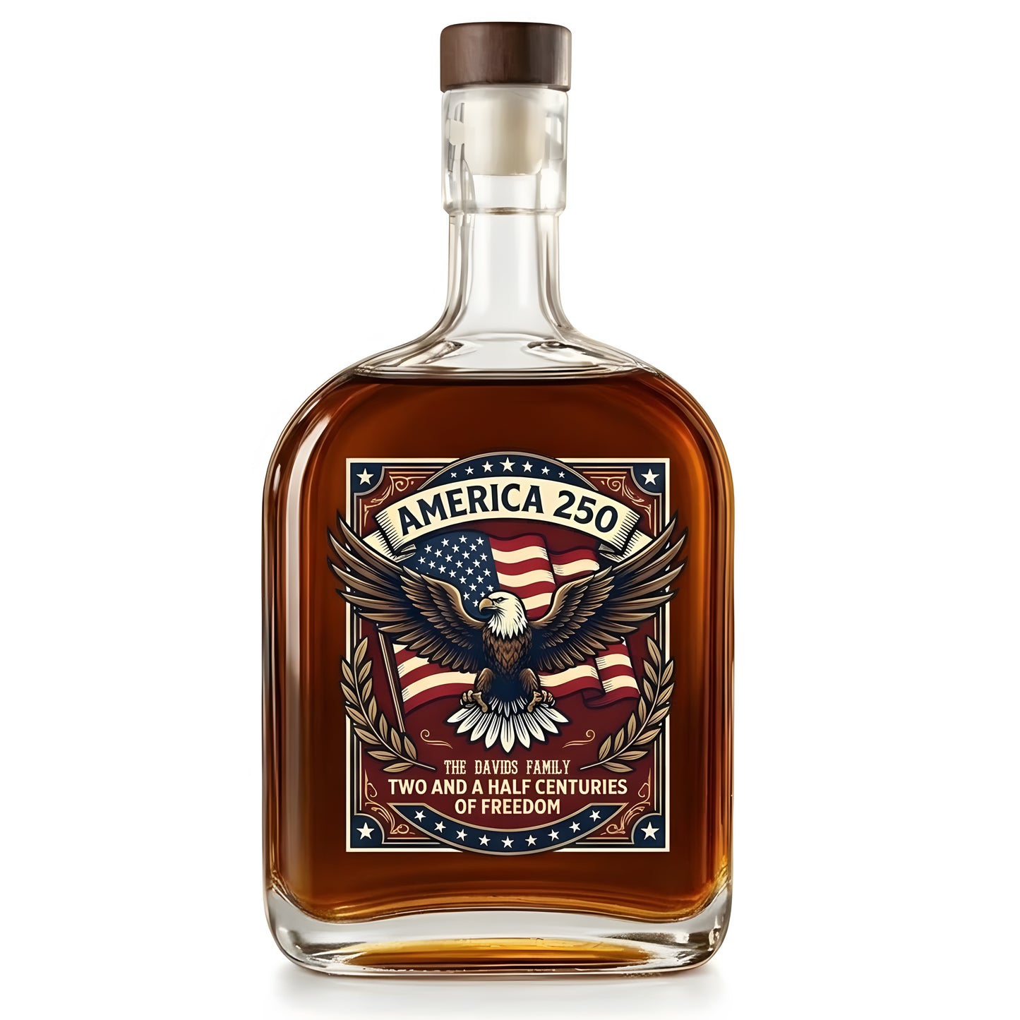 Faith, Family & Freedom America 250 Years Patriotic Whiskey Bottle