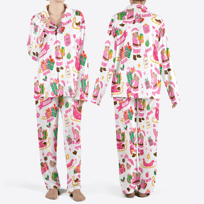 Custom face photo and name pastel santa sleigh gifts women Christmas pajamas set, front and back