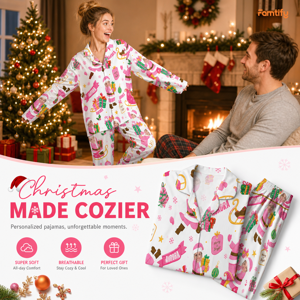 Custom face photo and name pastel santa sleigh gifts women pajamas view 3