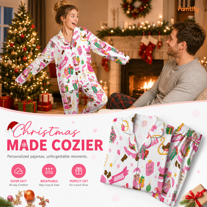 Custom face photo and name pastel santa sleigh gifts women pajamas view 3