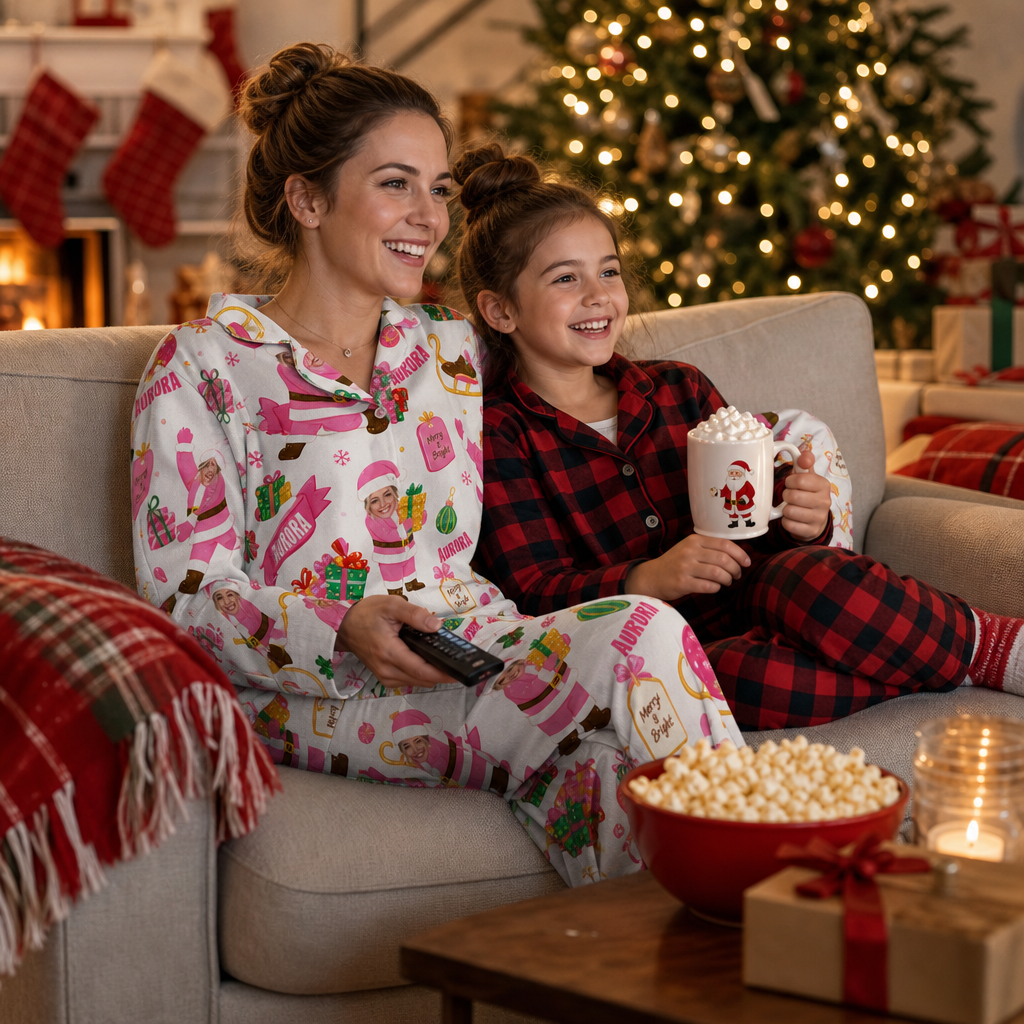 Custom face photo and name pastel santa sleigh gifts women pajamas view 4