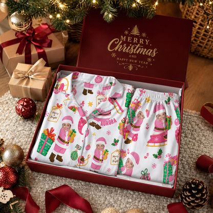 Custom face photo and name pastel santa sleigh gifts women pajamas view 8