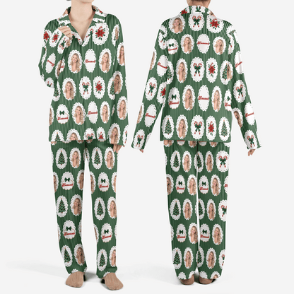 Custom face photo and name lace frame photo bow women Christmas pajamas set, front and back