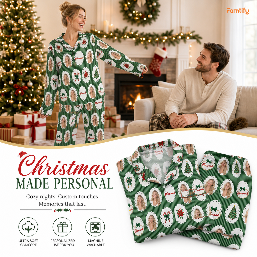 Custom face photo and name lace frame photo bow women pajamas view 3