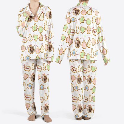 Custom face photo and name gingerbread cookie garland women Christmas pajamas set, front and back