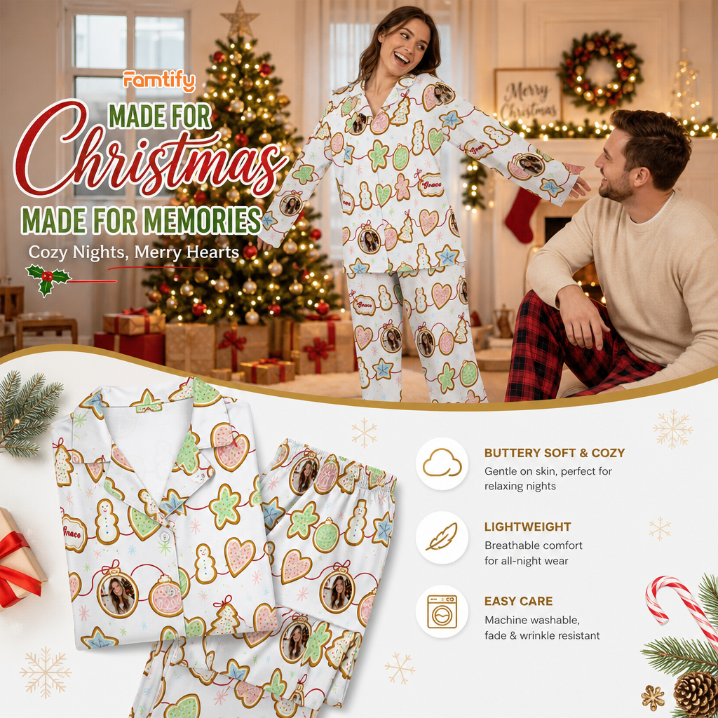 Custom face photo and name gingerbread cookie garland women pajamas view 3